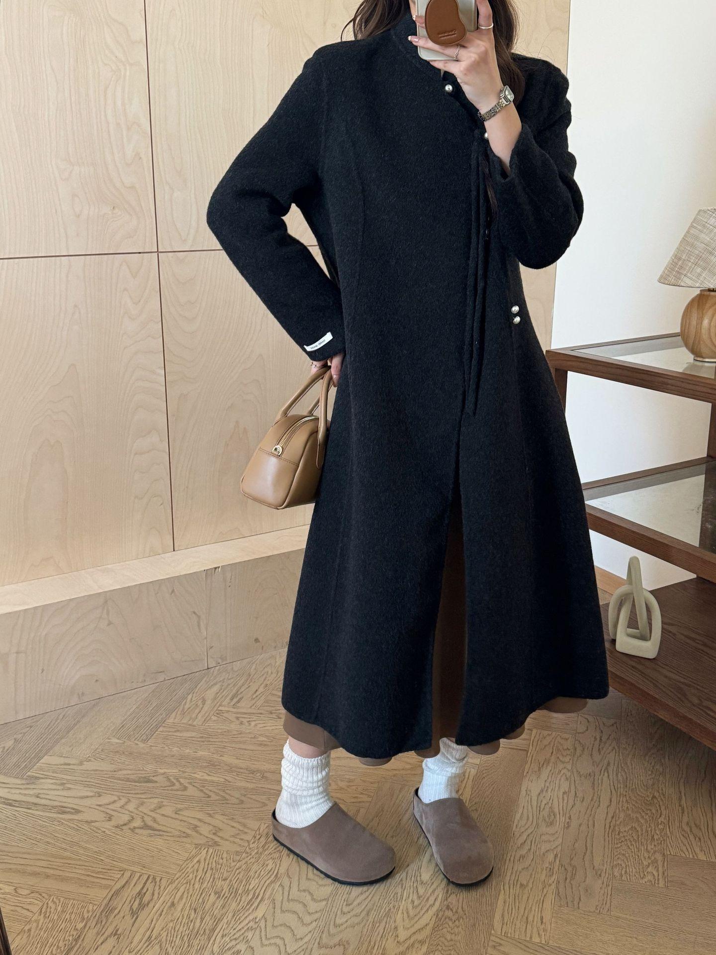 

Хит продаж китайское шерстяное пальто двустороннее шерстяное длинное пальто стойка воротник шерстяное пальто новое S чёрный