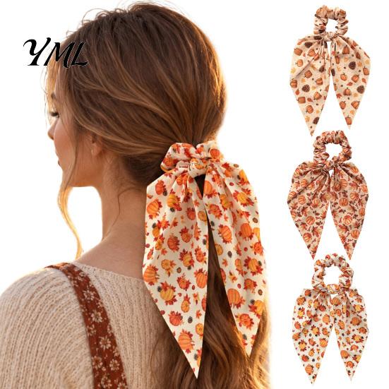 Autumn Theme Hair Ties for Gifts Fall Pumpkin Maple Leaf Tie Women, Bow Knot Ribbon Ponytail Cute Scrunchies Holiday Parties Holder, Soft Fabric