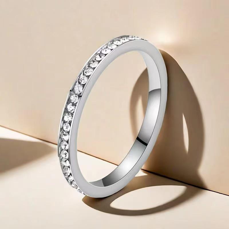 Stainless Steel Ring with Star-Inlaid Diamonds, Fade-Resistant, Titanium Finish