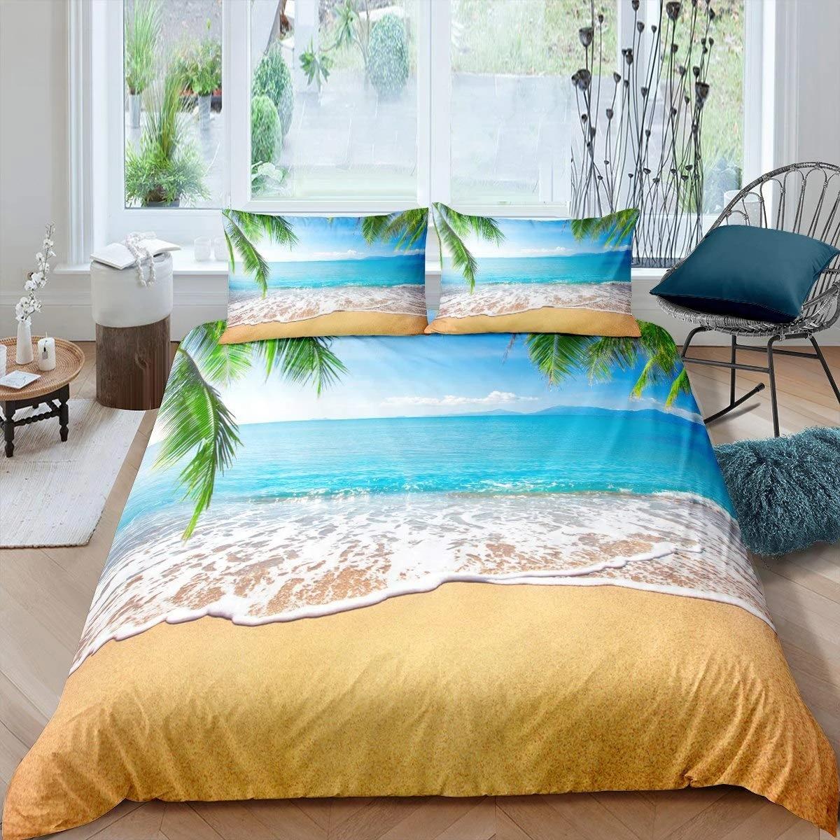 

Літній пляжний набір підодіяльника Квін Океанічний набір постільної білизни Гавайські пальми Морське життя Морські хвилі Риби Принтований набір чохла для ковдри 70x133cm