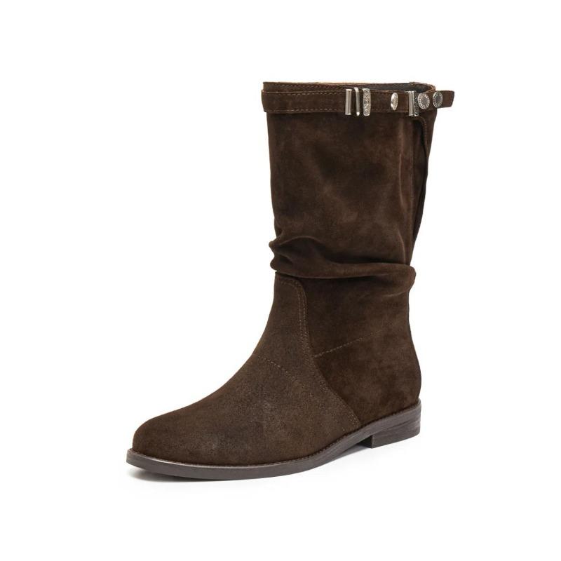 Cowhide Edition Wilderness Pastoral Vintage Western Boots Autumn and Winter Boots Versatile Flat-bottomed Knight Boots Pleated Pile Boots