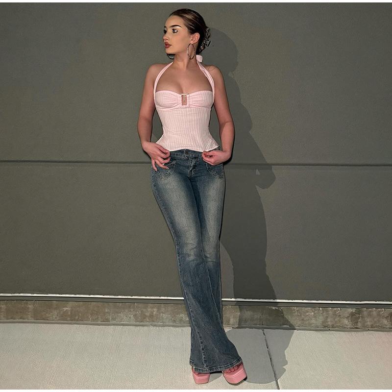 Vintage Y2k Flared Jeans Retro Button-up Middle Waist Casual Denim Pants Harajuku 2000s Basic Aesthetic Cotton Trousers 2025 Spring Autumn