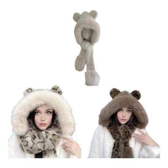 Winter Hat Leopard Print Imitation Fox Fur Windproof Hat Cold Weather Warm Ear Protection