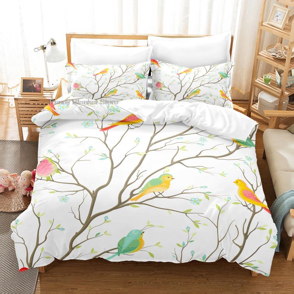 Cartoon Bird Print King Queen Duvet Cover Colorful Cute Pet Birds Bedding For Adult Fashion Animal 2/3pcs Polyester Quilt Cover