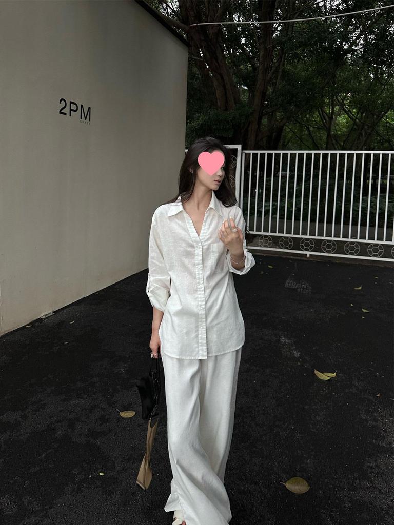 5werkwe Women's White Linen Long Sleeve Casual Shirt Set - Versatile Autumn Style