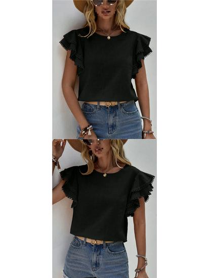 European & American Women's Casual Summer Round Neck Ruffle Batwing Short Sleeve Top