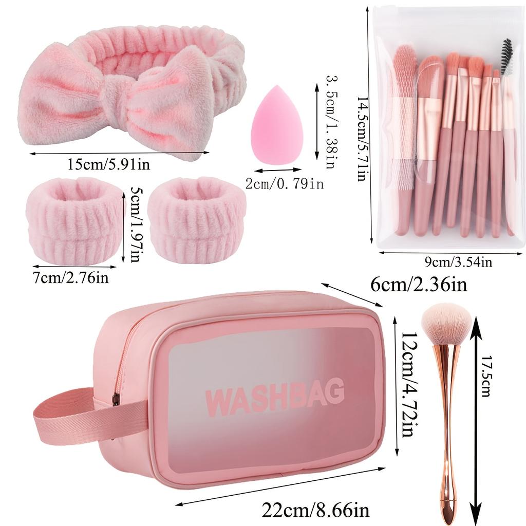 16pcs Girls Pink Makeup Tool Set Large Capacity Cosmetics Toiletry Bag Brush Set Flannelette Skin Care Bow Headband, Large Small Waist Blush Brush