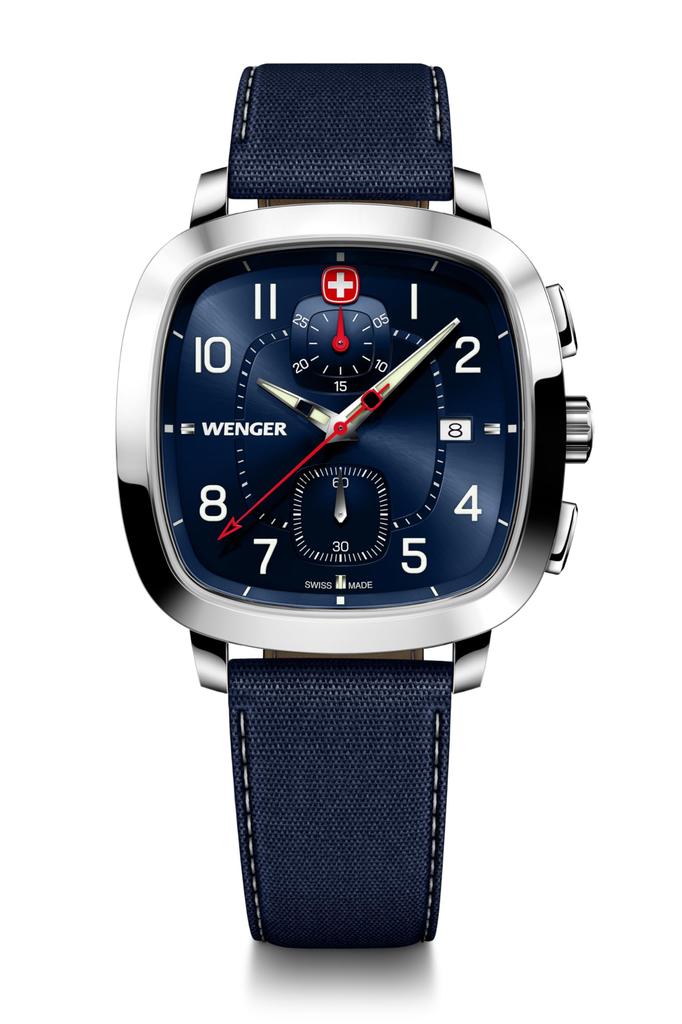 WENGER VINTAGE SPORT CHRONO Stainless Steel Case Blue Blue Recycled Quartz 50m Water Gift Idea Men's Watch, (316L), Dial, Strap, Movement, Resistance,
