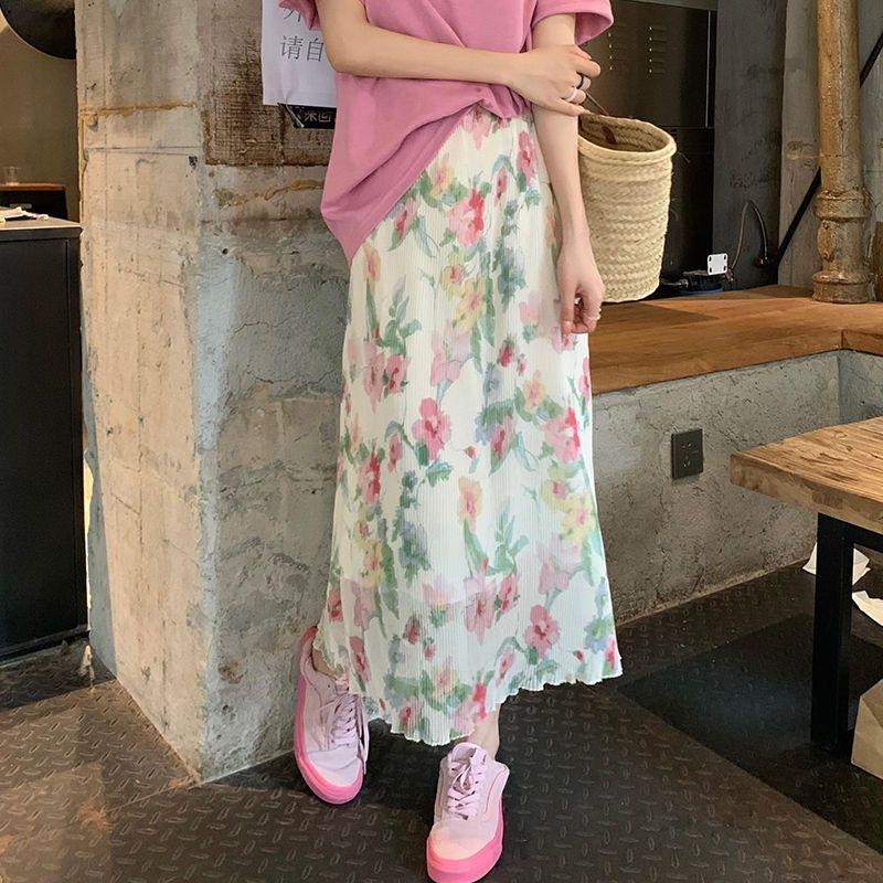 Falda de longitud media de temperamento suave para mujer, falda ajustada de cintura alta con flores trituradas, talla grande