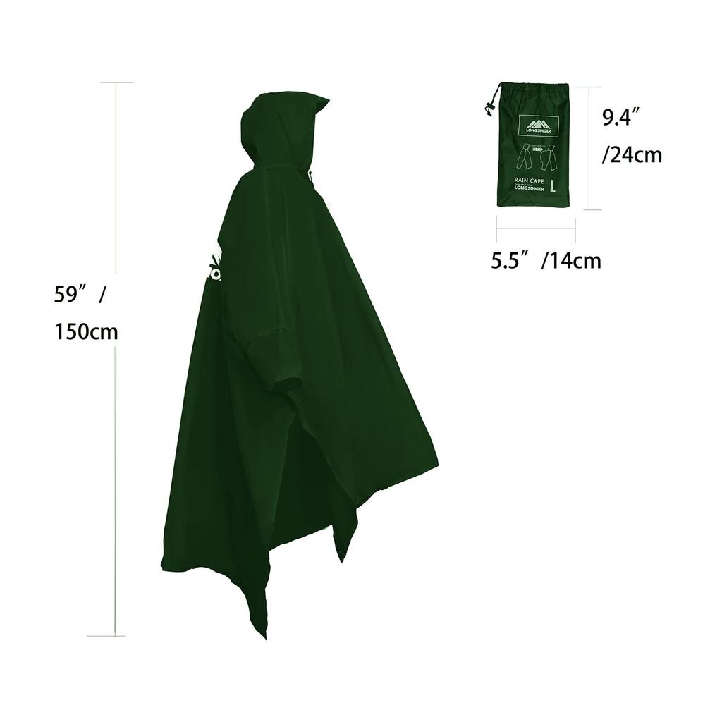 Longsinger Reusable Rain Poncho with Adjustable Hood and Armrests for Outdoor and Men and Army Green Waterproof, Lightweight, Hiking, Fishing,