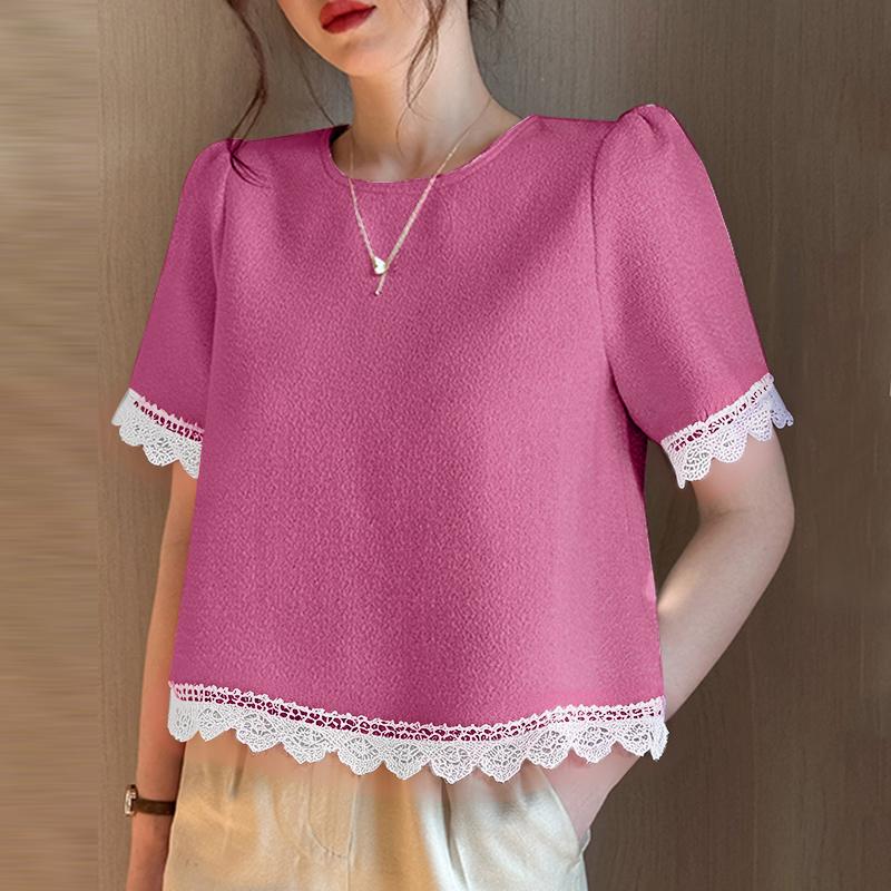 

VONDA Летние Элегантные Женские Футболки с Коротким Рукавом и Текстурой с Кружевной Отделкой 5XL темно-розовый