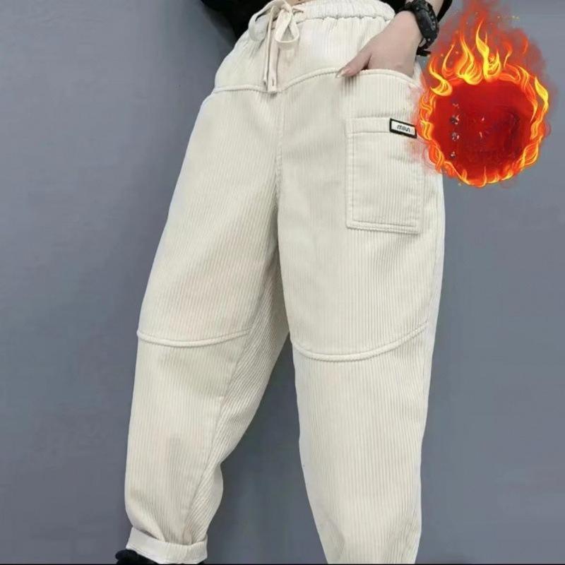 Winter Corduroy Thickened Harem Pants, Fashionable Long Pants with Elastic Waist and Loose Waist, Versatile