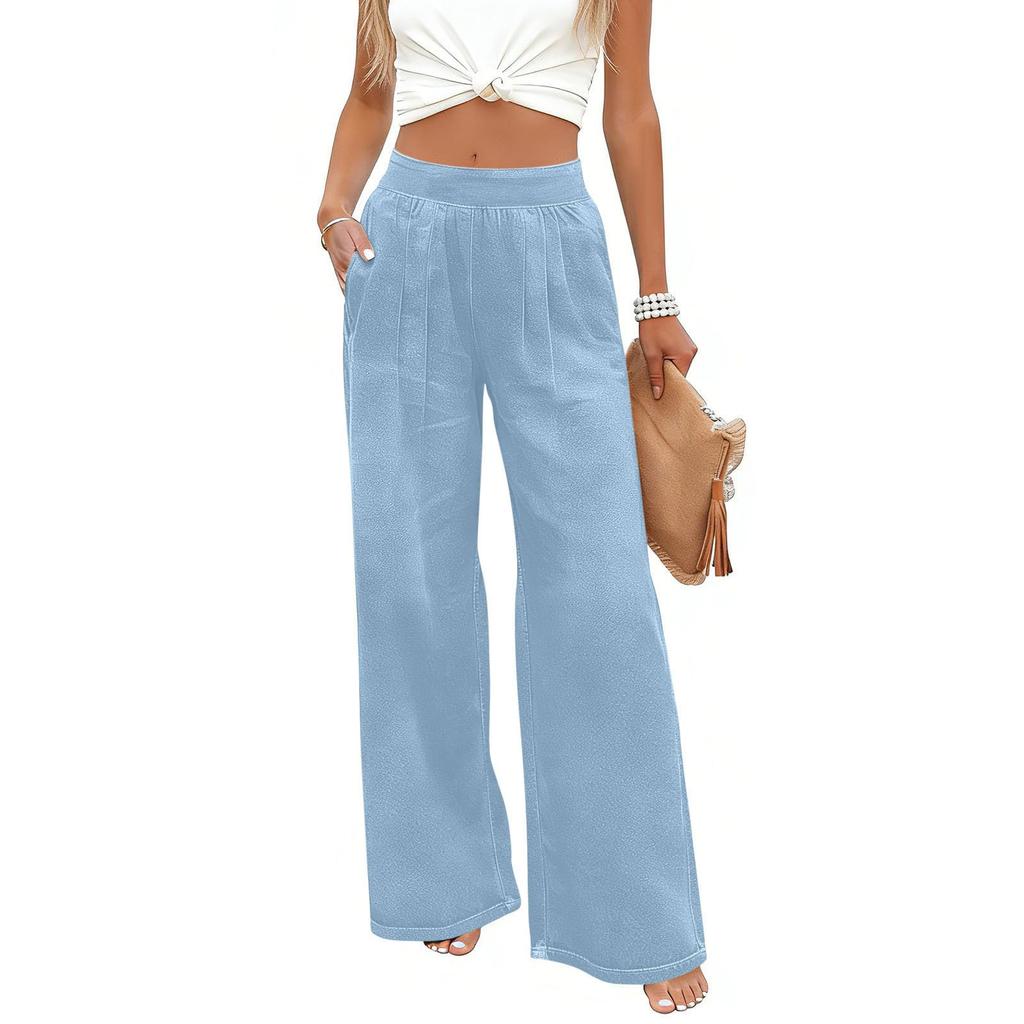 Women's Fashionable Color Elastic Waist Pocket Loose Wide Leg Imitation Denim Casual Pants