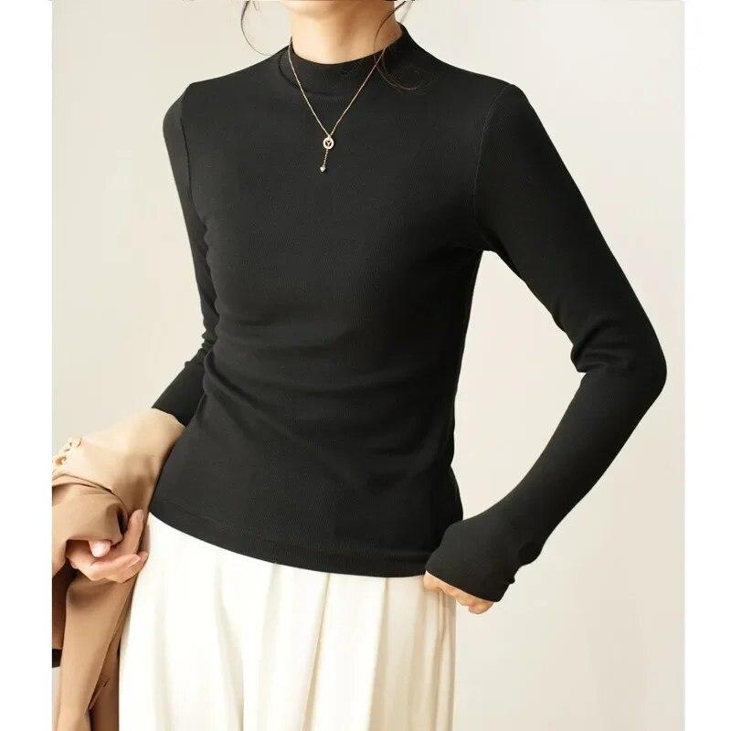 Fashion U-neck Pure Cotton Bottom T-shirt Women Tops Long Sleeve Loose Slim Womens T Shirt Autumn Solid Lady Casual Tees 30530