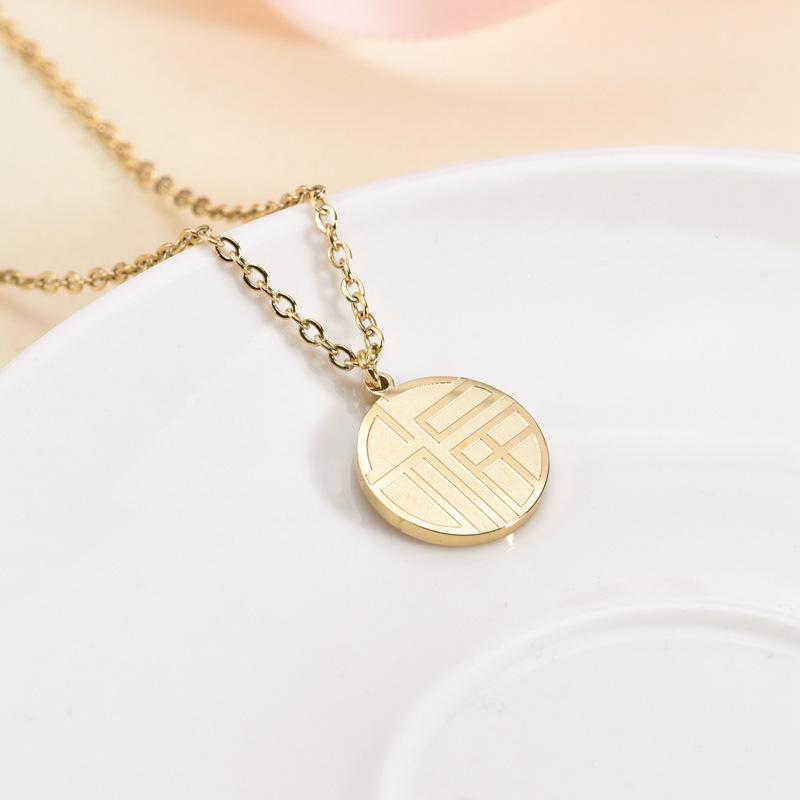 Gold Fu Character Stainless Steel Earring Pendant & Round Necklace Set for Women.