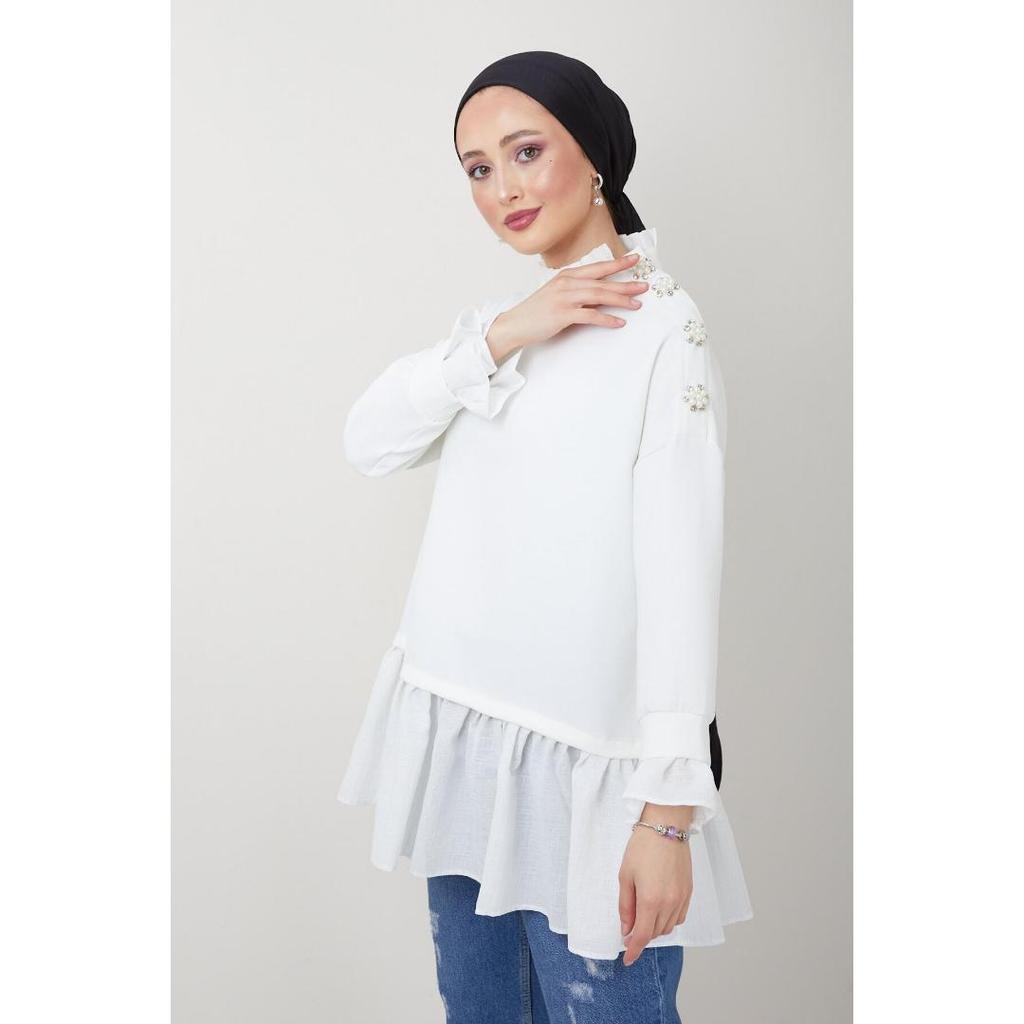 THE RAREBELL Stone Embroidered Snap Fastener Poplin Fabric Garnish Veiling Tunic On The Shoulder