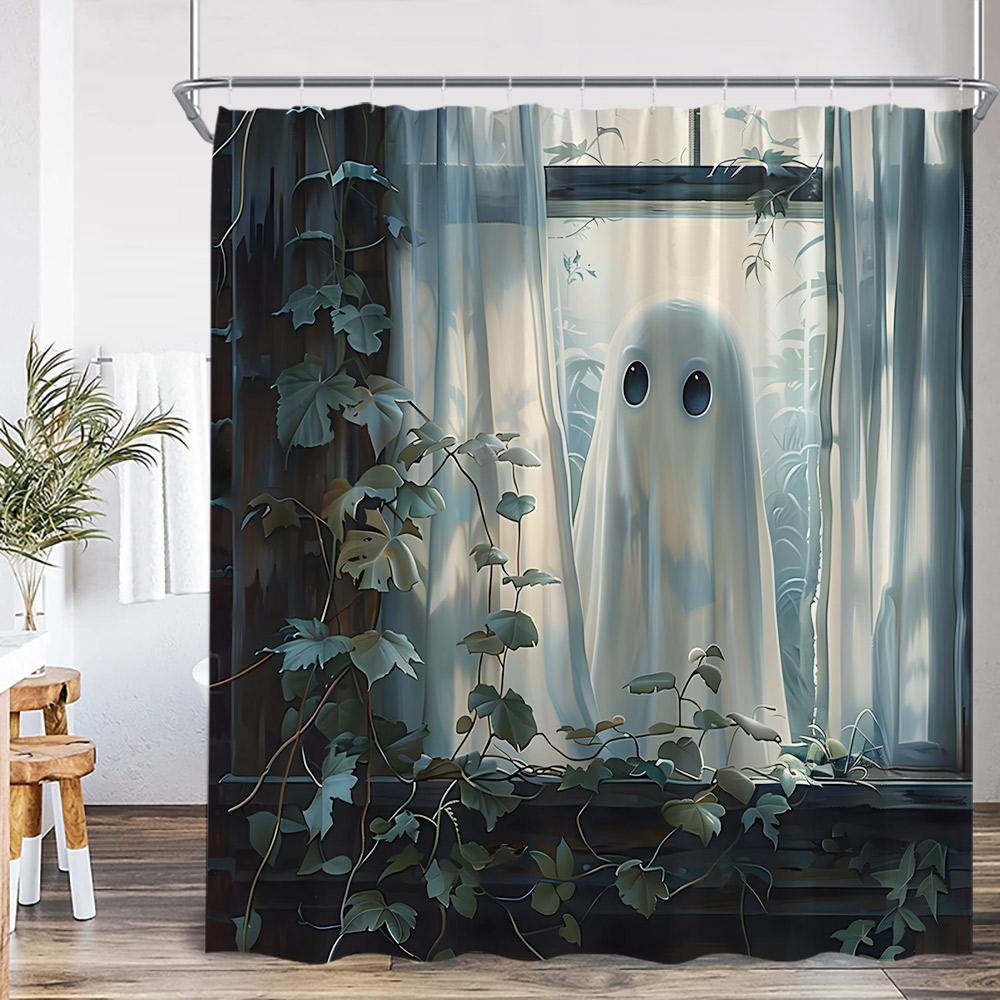 White Ghost Halloween Spectre Shower Curtain Pumpkin Lanten Spooky Happy Halloween Bathroom Decor Polyester Fabric Bath Curtain