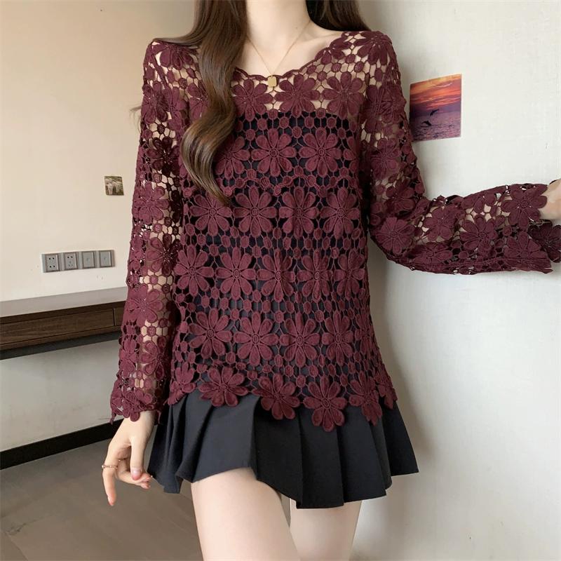 DIMANAF 2025 New Summer Women Hollow Out Holiday T-Shirt Basic Lace Fashion Tops Lace Tees Casual Loose Tees