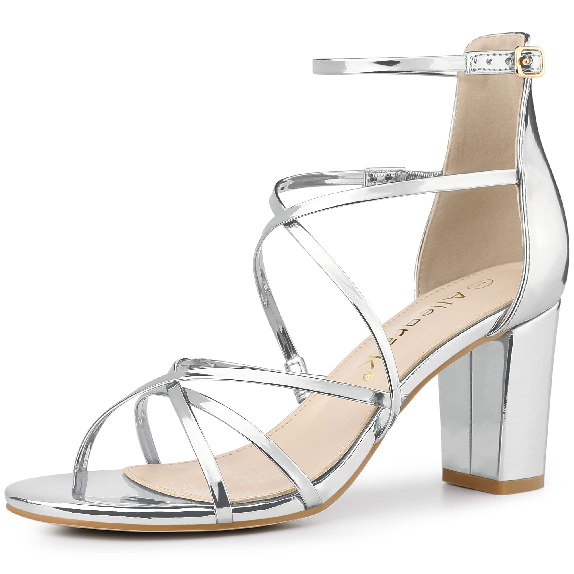 

Allegra K Women s Silver Strappy Sandals with Shiny Block Heels, Size 27.0cm