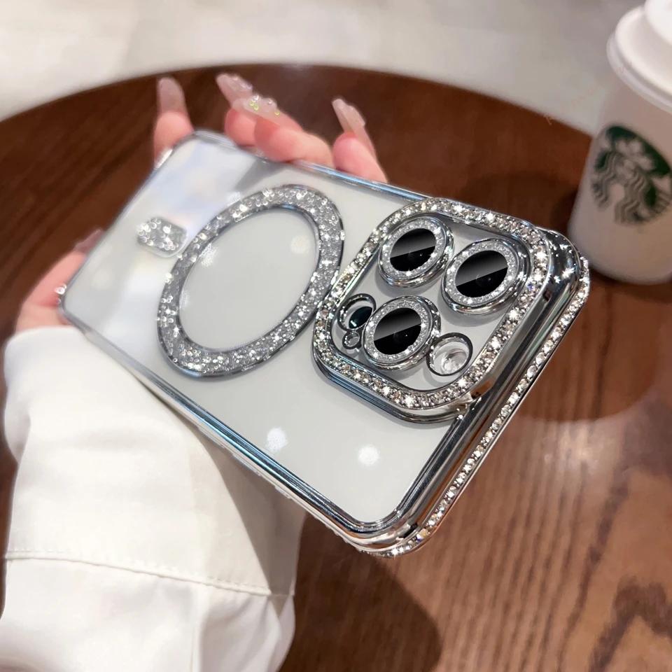 Diamond Bling Glitter Magnetic Case For iPhone 17 Air 16E 16 15 14 Plus 13 11 12 16 17 Pro Max Transparent Protector Cover