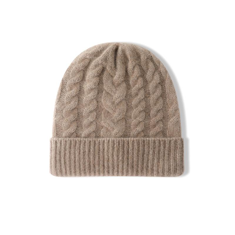 Cashmere Autumn and Winter New Style Women's High End Solid Color Twisted Pattern Thickened Warm Fashion Knitted Casual Cuffed Hat