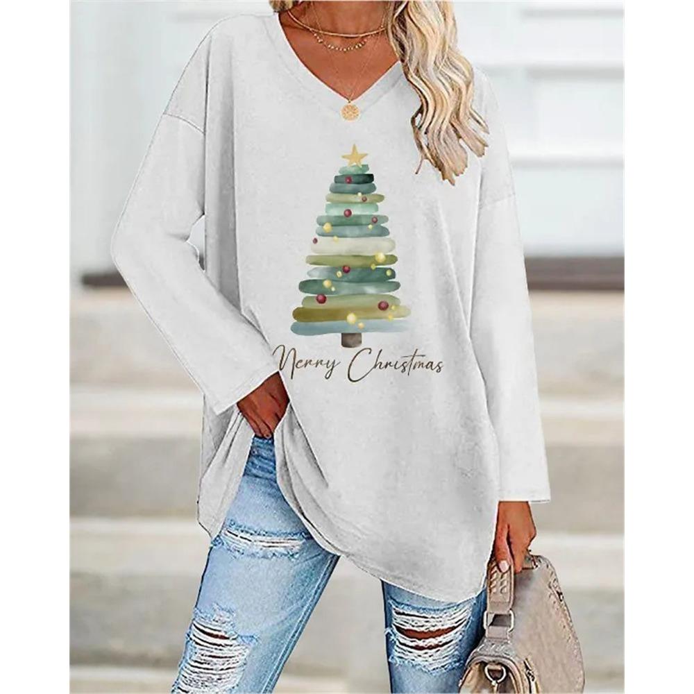 Spring and Autumn V-neck 3D Christmas Theme Printed Top Fashionable Casual Long Sleeved Women's T-shirts