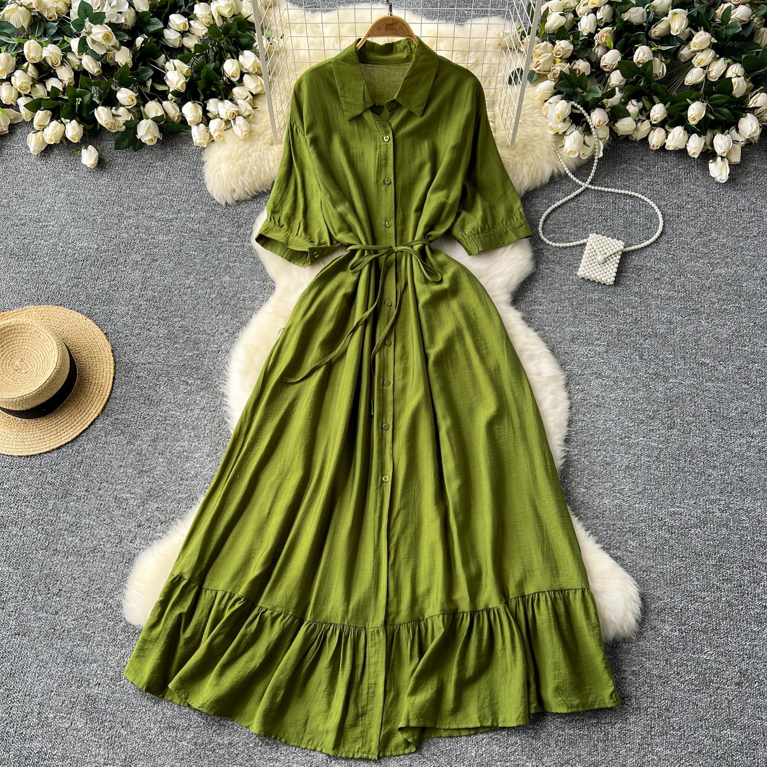 

Сексуальное шикарное однобортное платье с рюшами и воротником-поло, элегантное корейское модное облегающее летнее винтажное милое платье One Size зелёный