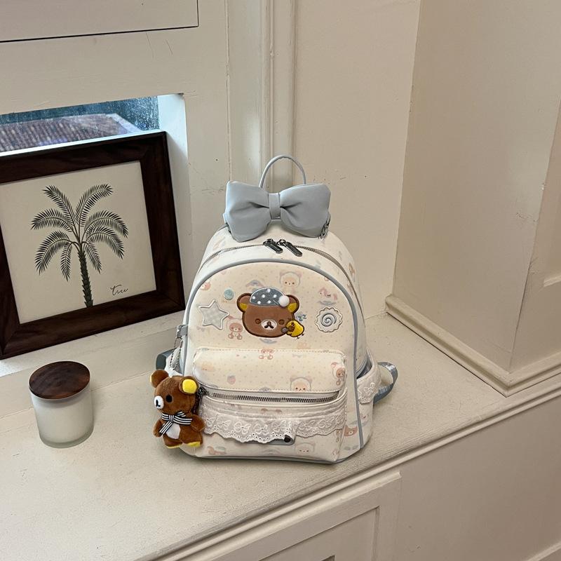 Schoolbagins Sweet Easy Bear Embroidered Backpack Blue Bow Lace Girls Campus Commuter Cute Little School Bag