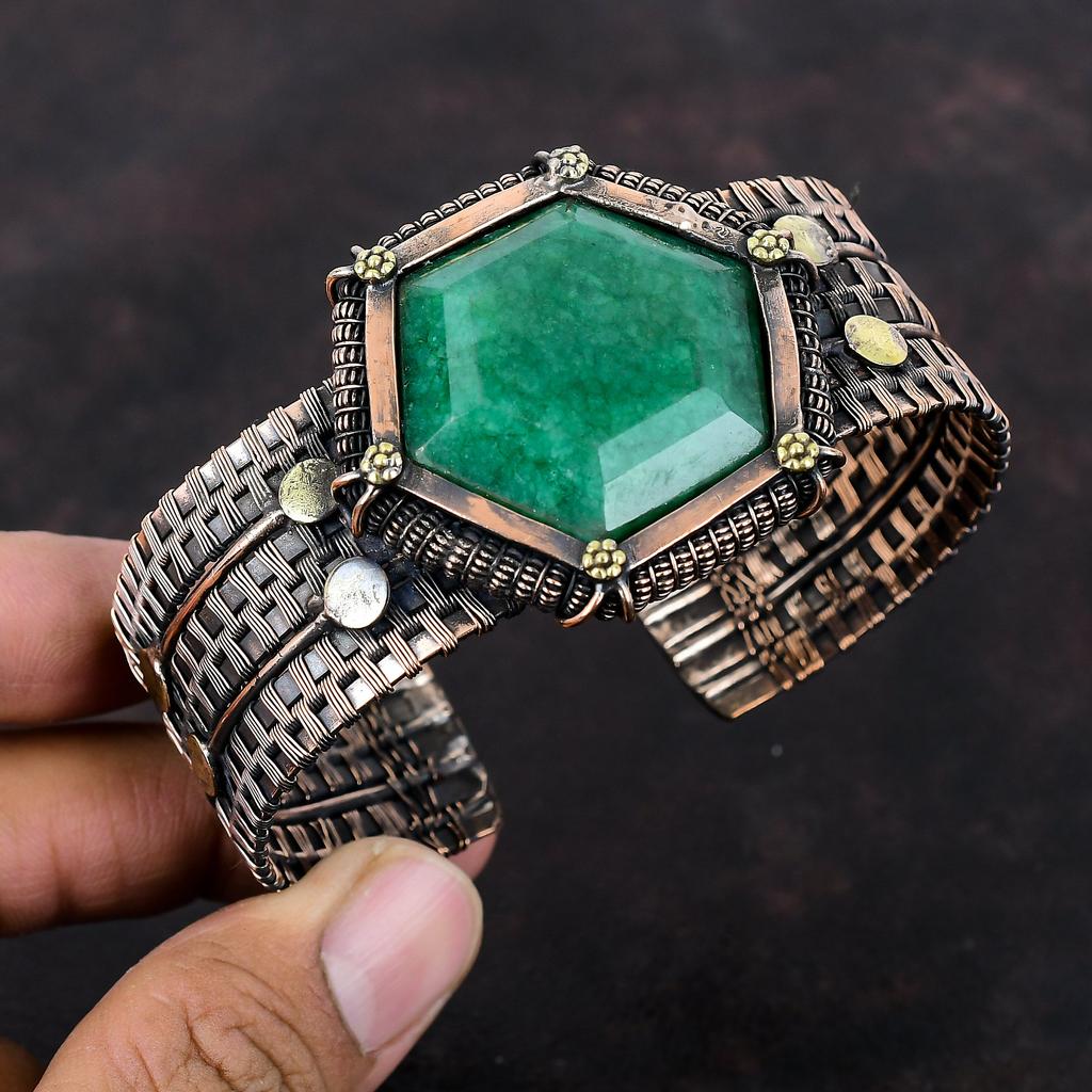 Faceted Zambian Emerald Bangle Copper Wire Wrapped Cuff Bracelet Adjustable Bangle Handmade Gemstone Bangle Copper Wire Jewelry Gift For Her