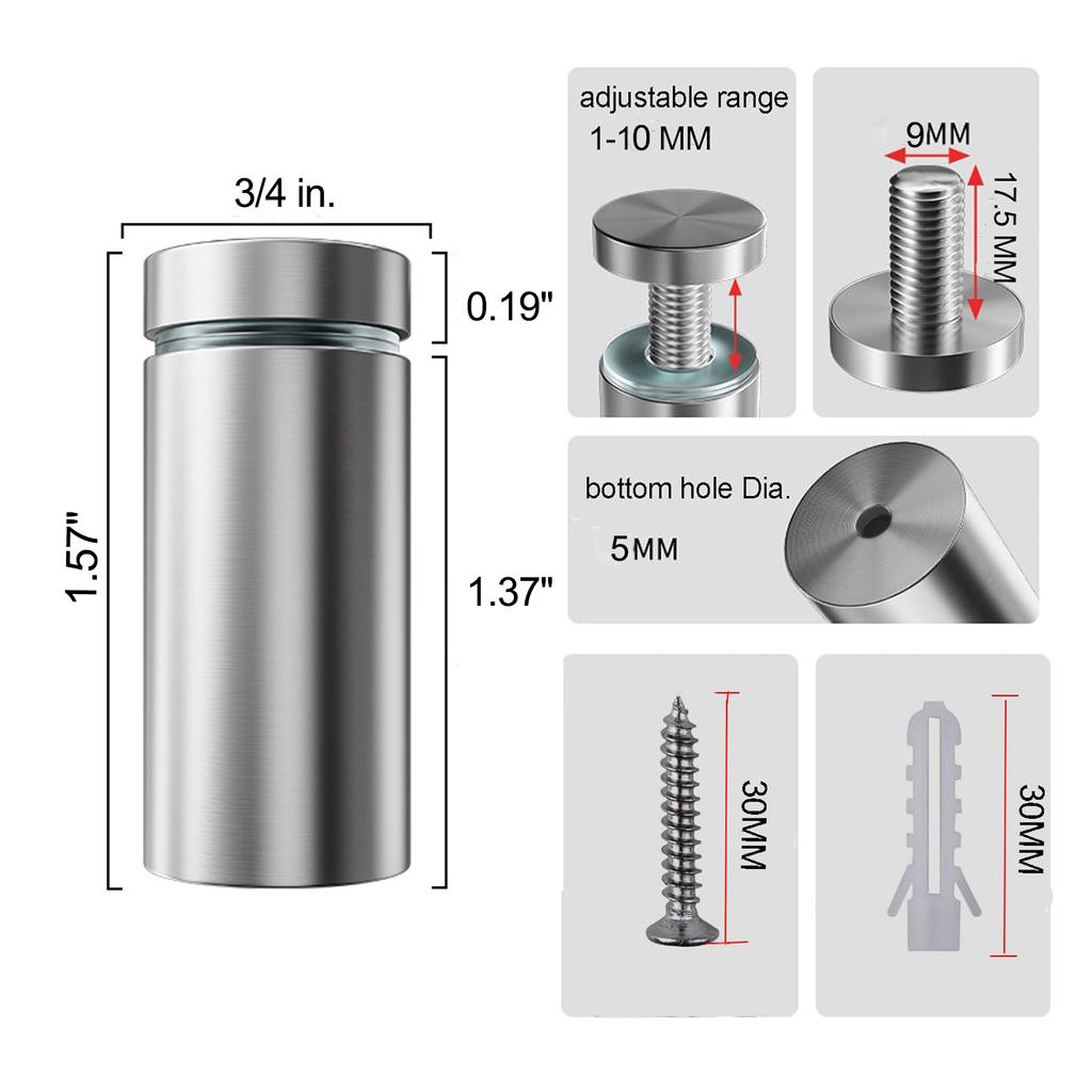Sign Standoff Screws 1/2 X 1 Inch Stainless Steel Stand Off Wall Mounts Advertising Screw Hardware for Acrylic Signs