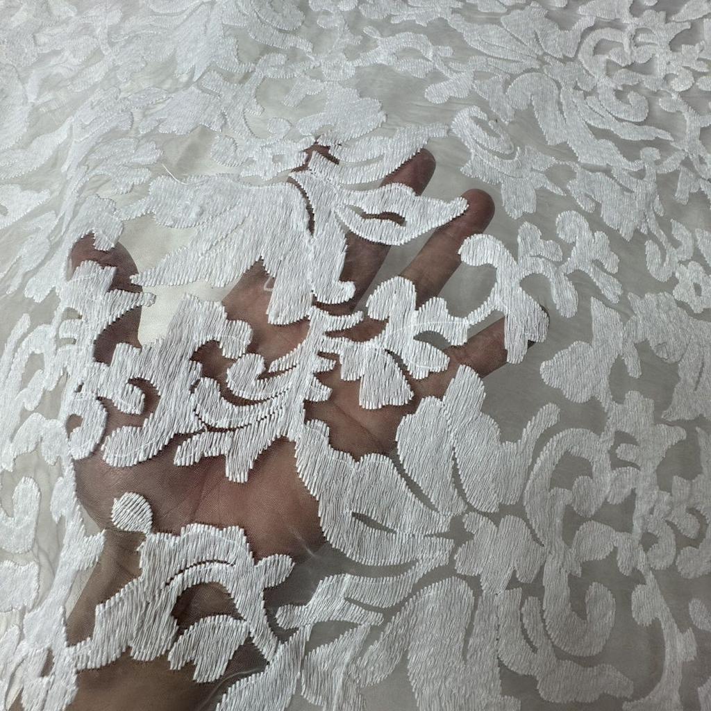 White large flower embroidered organza fabric suitable for wedding dresses formal gowns and designer clothing fabrics