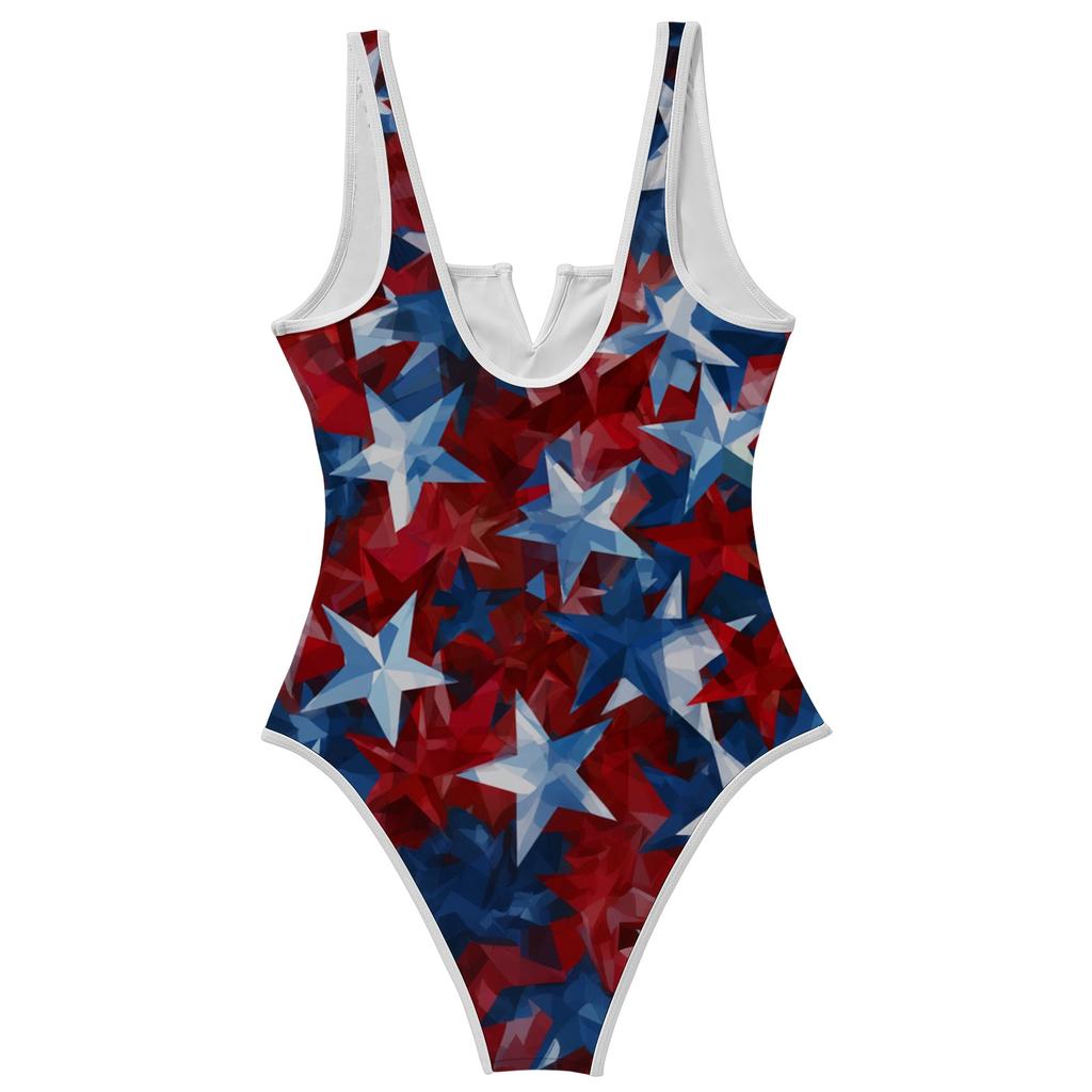 Women Swimsuit Tropical Print Bathing Suit V Neck Front Padded Quick Dry Swimwear
