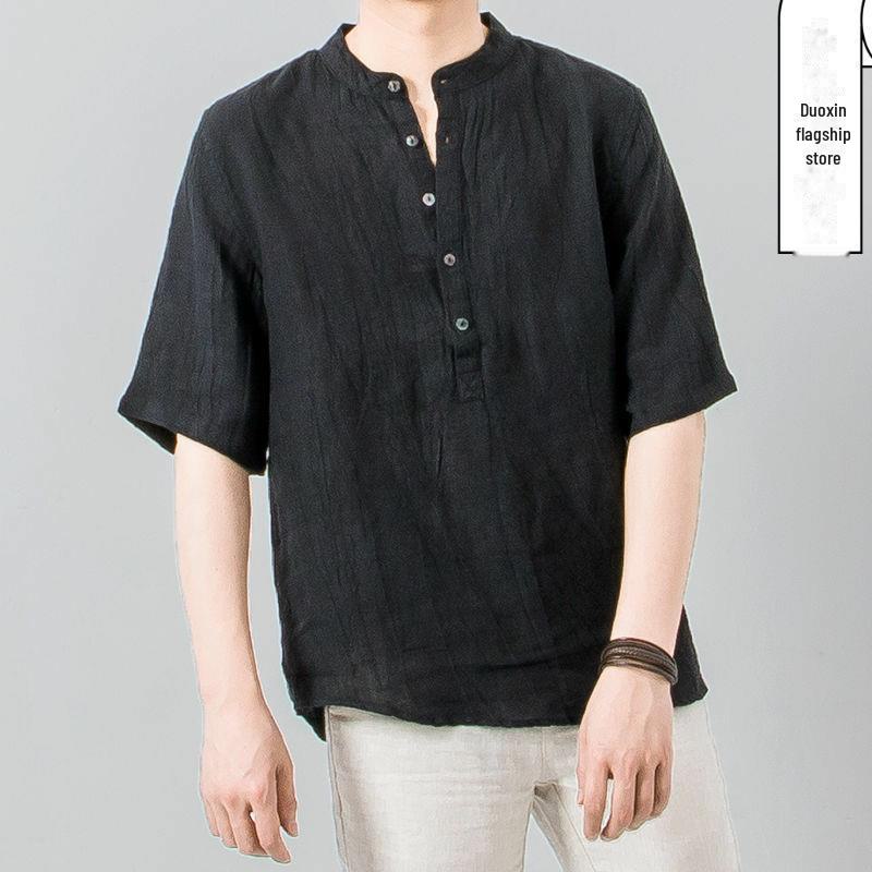 Men's Retro Linen V-Neck Short-Sleeve T-Shirt