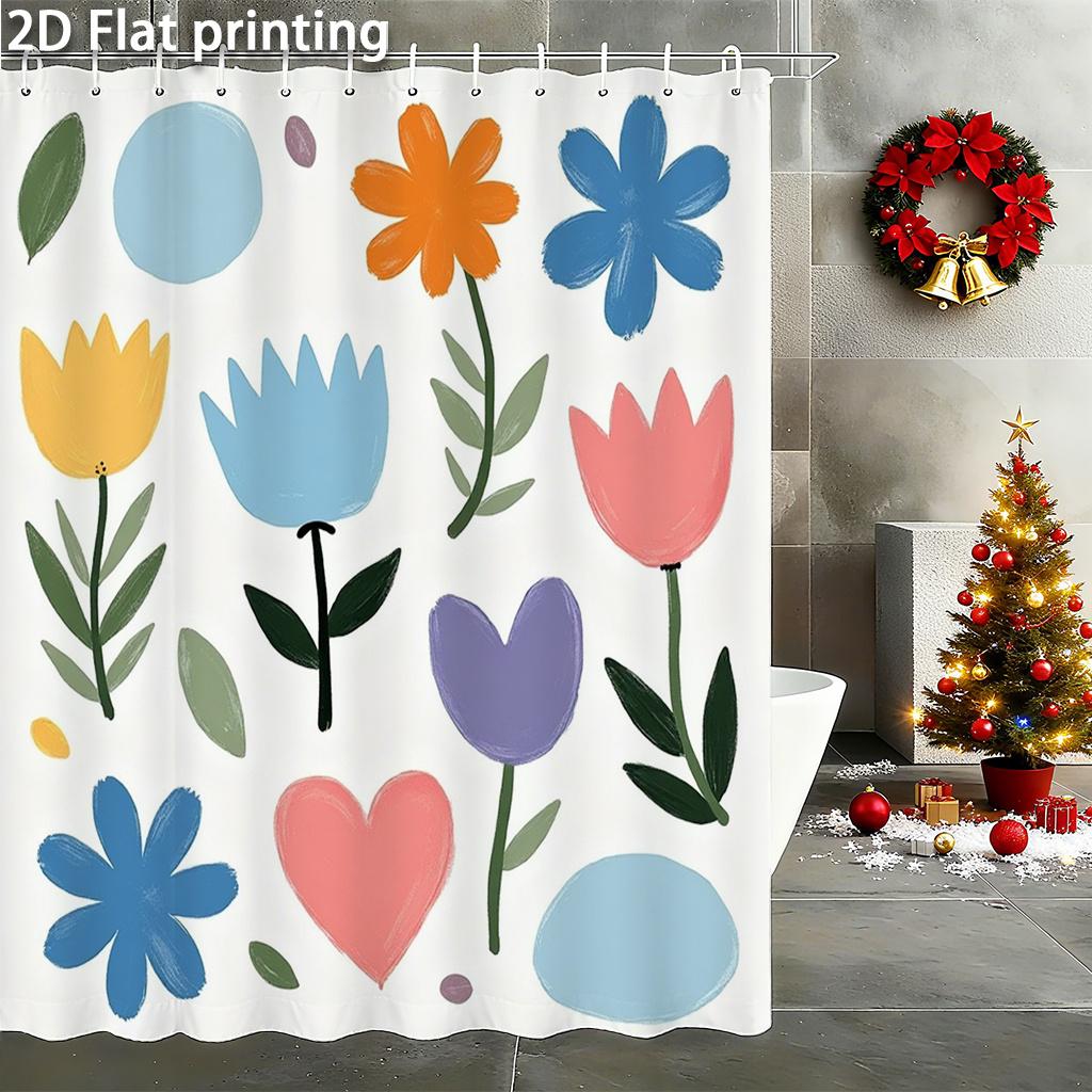 

Colorful Flower Heart Shower Curtain 1Pc – Cartoon Style Tulips & Circles, Playful Art For Kids Room Or Modern Bathroom Decor W60H190(CM)-1 Pcs
