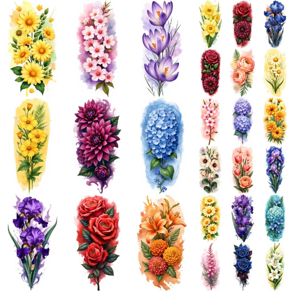 9pcs Temporary Tattoo Colorful Realism Beautiful Flora Watercolor Flowers Colorful Blooms For Shoulders Back Adult