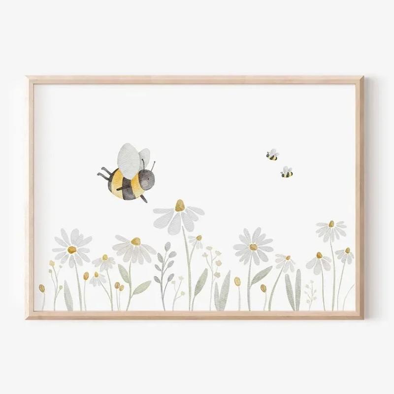 Boho Cartoon Farm Animals Wall Art Canvas Painting Rabbit Bear Bee Flower Posters and Prints Pictures for Baby Kids Room Decor