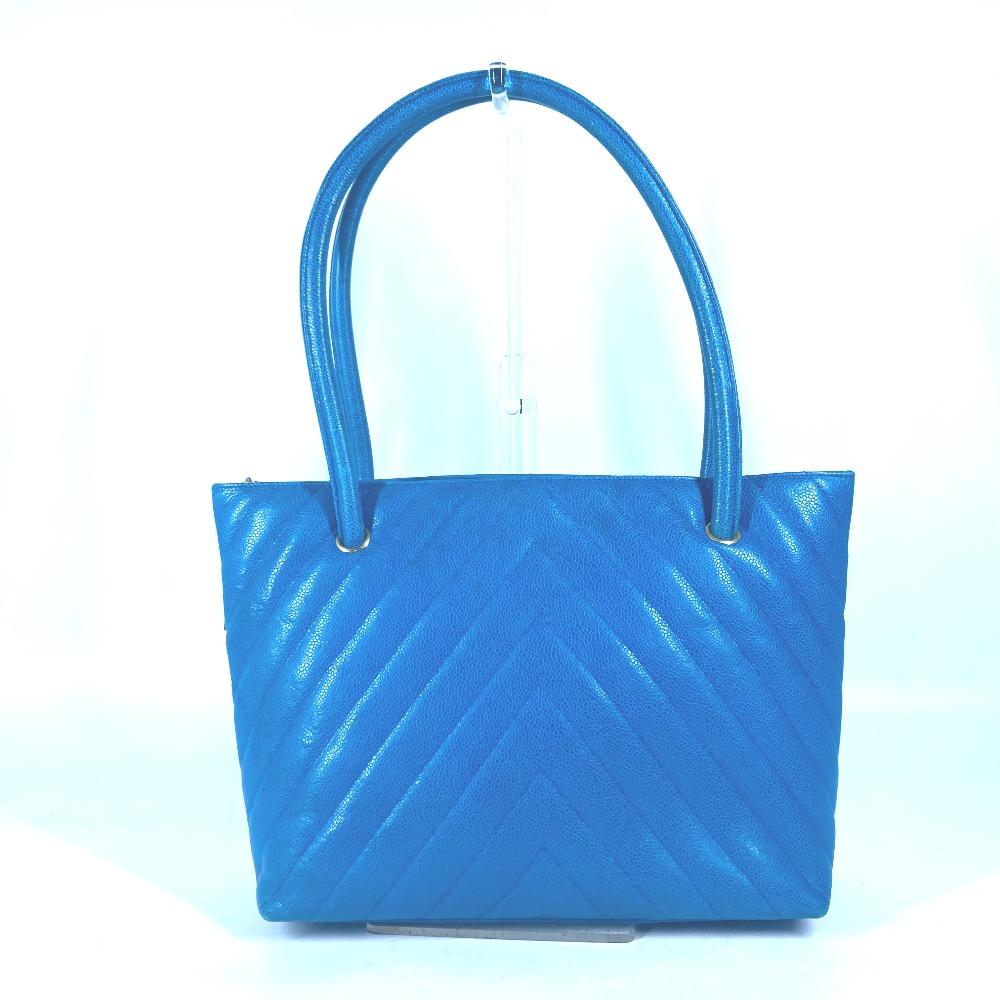 CHANEL vintage V-Stitch Tote Bag Shoulder Bag Hand Bag Caviar Leather blue/Gold