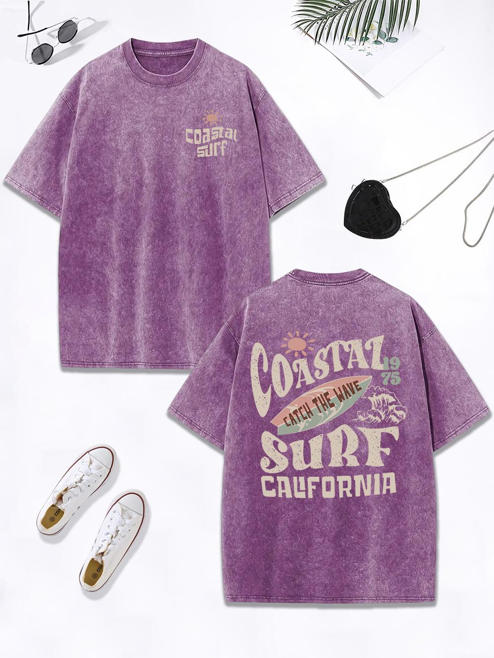 Coastal Surf Catch The Wave California Prints Washed TShirt Women Cotton Oversize Tops Distressed ONeck T Shirt Summer Clothes S