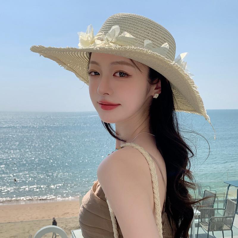 New Hat Women's Lace Flower Straw Hat Summer Big Brim Sunshade Sunscreen Hat Seaside Beach Sun Hat
