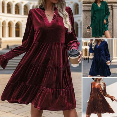 Frühling Herbst Frauen Kleid Goldenen Samt V-ausschnitt Plissee Patchwork Lange Ärmeln