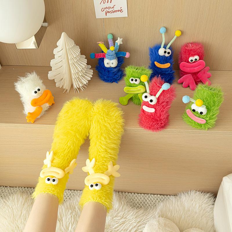 1 Pair Christmas Stockings Funny Monster Socks Autumn Winter Coral Fleece Floor Fuzzy Socks Couple Sleep Sock