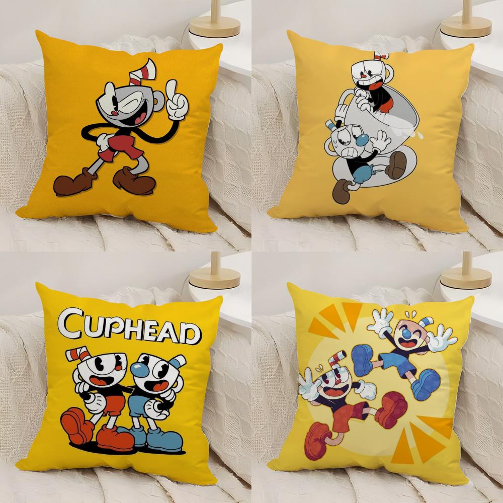Game CCupheadS Cushion Cover Silky Short Plush DoubleSided Printed Pillow Case for Sofa All Seasons Home Decor Gift