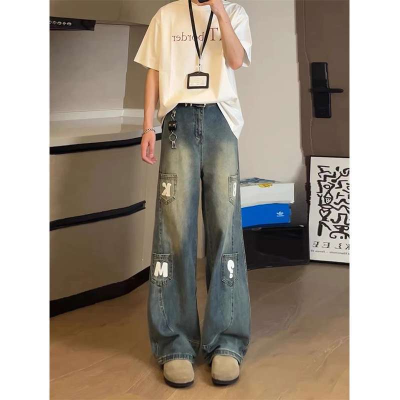 JYL Men s Wide-Leg Jeans American Patch Summer Washed Drawstring Loose Denim 3XL амазонка