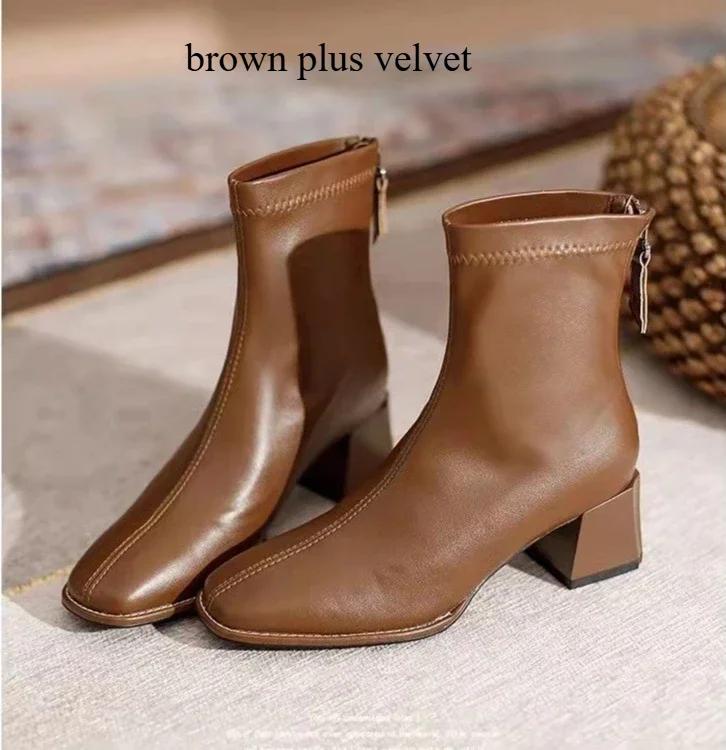 Women Outdoor Square Toe Ankle Boots Women Comfortable Fashion Designer Shoes Mid Heels Zipper Boots Big Size Shoes For Women
