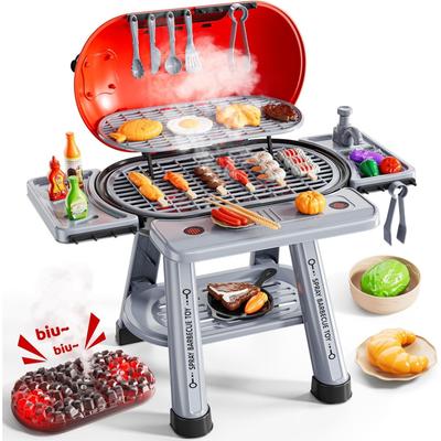 Kids Kitchen Toy Set, Kids BBQ Grill Kitchen Playset with Smoke, Sound & Light, 2-Layer Barbecue Indoor Outdoor Play Grill Toy Gift for Toddler Girl