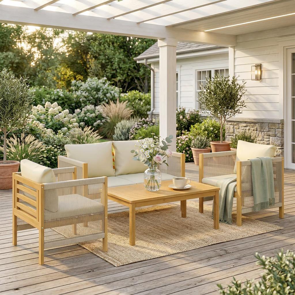 Garden Furniture Set Wood Seating Group for 4 People with 2-Seater Sofa 2 Armchairs Table Rope Weave Slat Design Washable Cushions