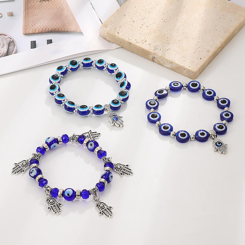 Blue Devil Eye Resin Bead Bracelet with Fatima Palm Pendant