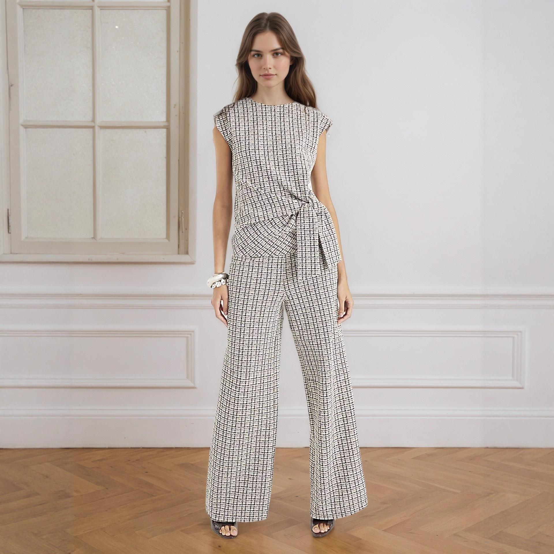 European and American women s clothing urban modern black and white plaid sleeveless lace-up top with straight wide-leg pants set S