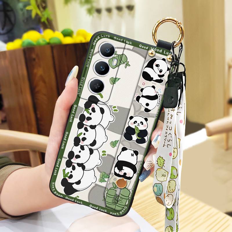 Wrist Strap Ring Phone Case For Realme C65 Waterproof Phone Holder Cute Protective Silicone Back Cover Panda Soft case