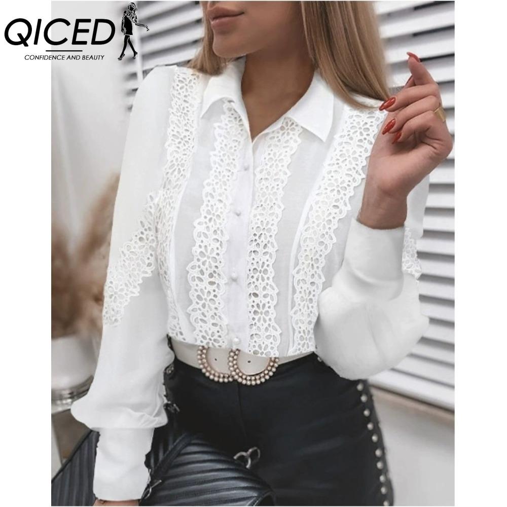 

QICED Женские модные повседневные однотонные блузки и рубашки с длинным рукавом с принтом XXL